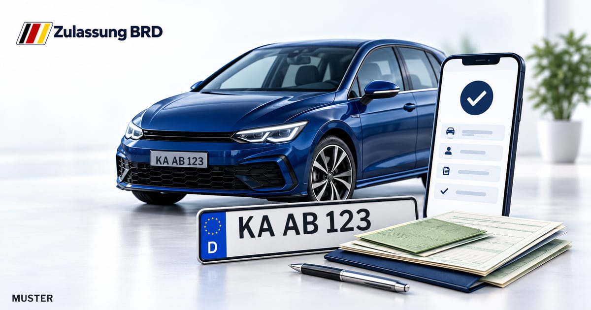 Online Fahrzeugzulassung in Landkreis Karlsruhe: Musterkennzeichen KA AB 123, Auto und Fahrzeugpapiere und Smartphone. Illustration mit Logo von Zulassung BRD.